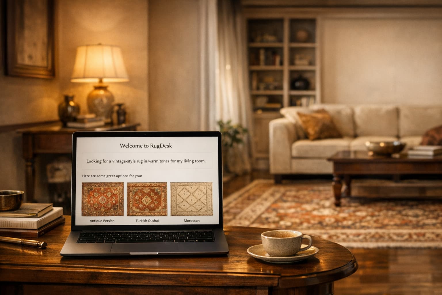 RugDesk customer recommendation interface on a laptop